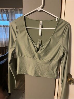 Long Sleeve Tie-Front Crop Top - Sage Green
